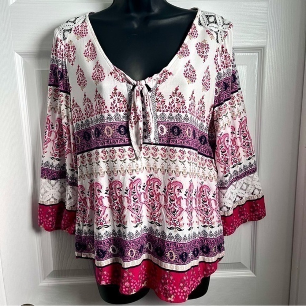 Olive Hill Blouse Floral Boho long sleeve Women Small / Medium White tie front